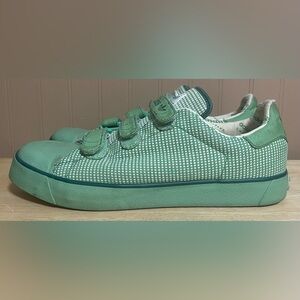 Vintage Adidas green plaid safety sneakers with 3 straps, Velcro, steel toe; 11